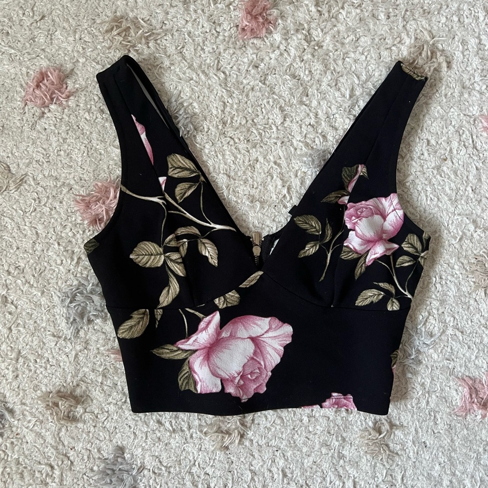 Dynamite Black and Pink Floral Crop Top